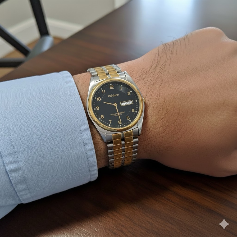 Armitron Two-Tone Quartz Watch Black Dial Day Date 30mm Classic Vintage Style